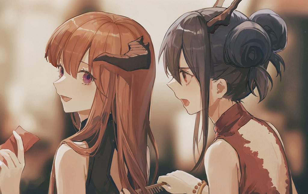 2girls arknights back_cutout bagpipe_(arknights) black_dress blue_hair blurry blurry_background bracelet brown_eyes brushing_another's_hair ch'en_(ageless_afterglow)_(arknights) ch'en_(arknights) clothing_cutout commentary_request double_bun dragon_horns dress eyebrows_visible_through_hair frown hair_brushing hand_up hands_up horns jewelry long_hair looking_at_another multiple_girls open_mouth qinglai_haiji red_dress redhead sidelocks sleeveless sleeveless_dress smile upper_body violet_eyes