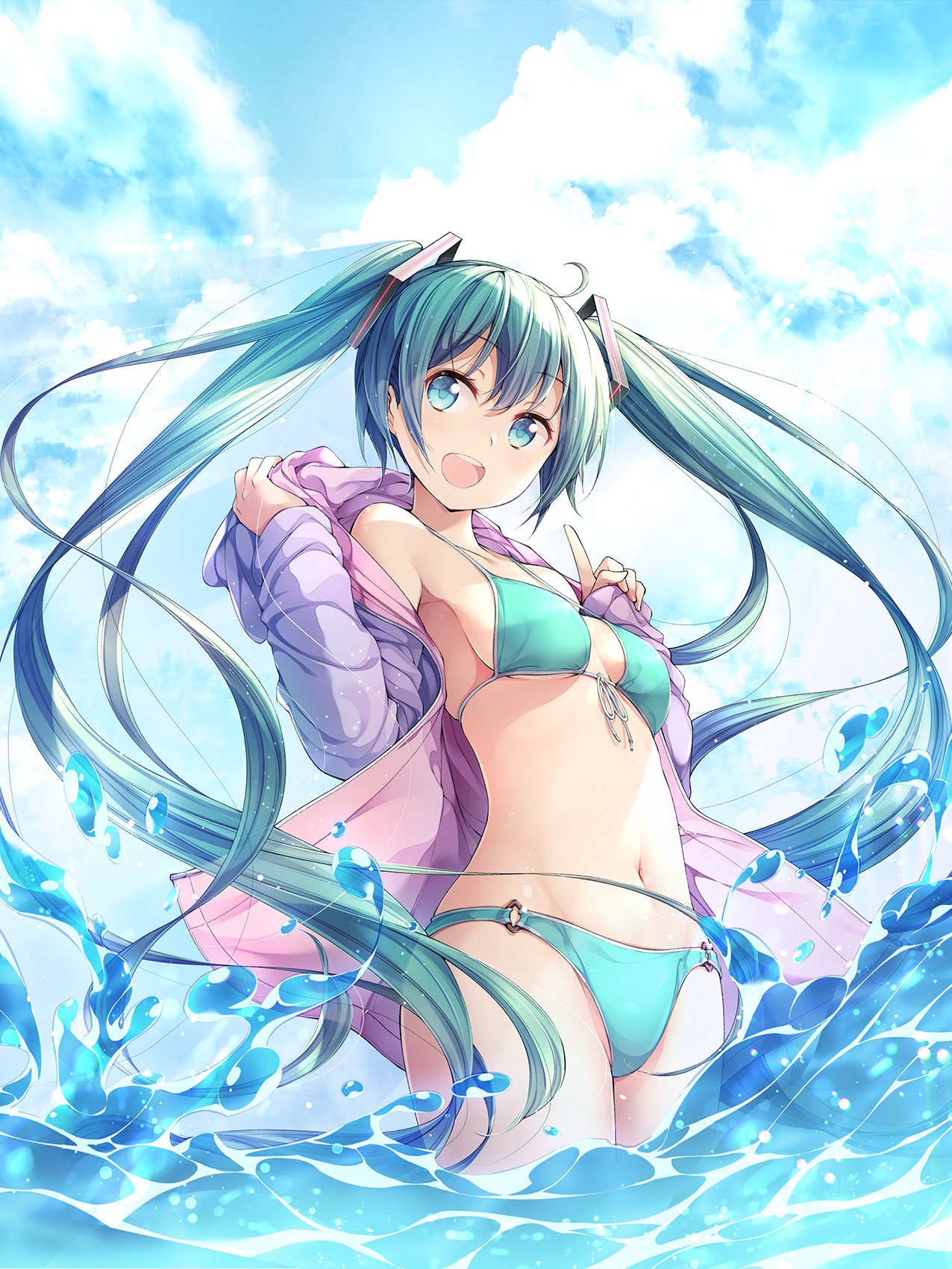 1girl :d ahoge aqua_eyes aqua_hair bangs bare_shoulders bikini blush breasts clouds cloudy_sky cowboy_shot day eyebrows_visible_through_hair front-tie_bikini front-tie_top hatsune_miku highres index_finger_raised jacket long_hair long_sleeves looking_at_viewer matsuuni medium_breasts navel o-ring o-ring_bikini o-ring_bottom off_shoulder open_clothes open_jacket open_mouth outdoors purple_jacket ribbon sky smile solo stomach swimsuit twintails upper_teeth very_long_hair vocaloid water white_ribbon