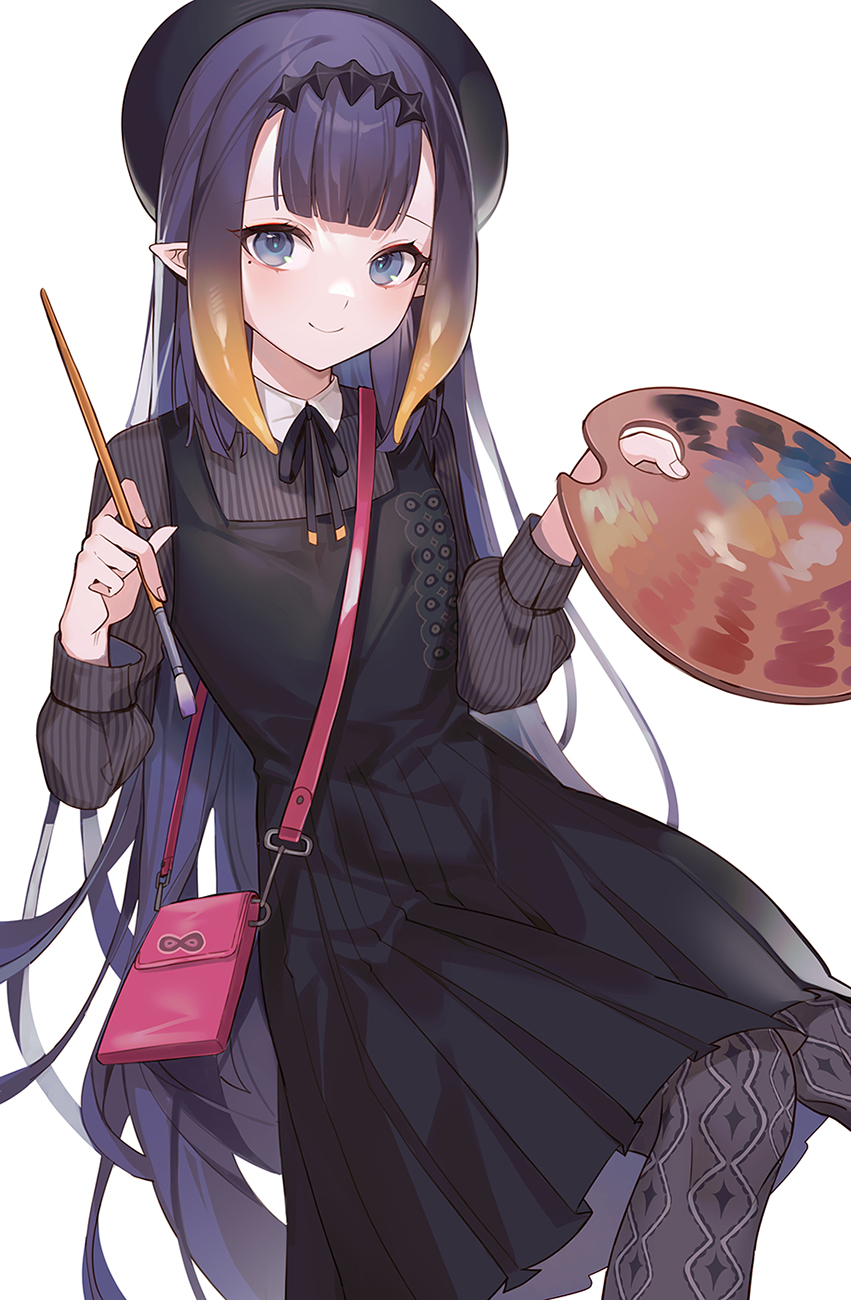 1girl bag bangs beret black_dress black_headwear blonde_hair blue_eyes commentary dress gradient_hair hat highres holding holding_paintbrush hololive hololive_english long_hair long_sleeves looking_at_viewer machi_(7769) multicolored_hair ninomae_ina'nis paintbrush palette pleated_dress purple_hair shoulder_bag smile solo tentacle_hair very_long_hair virtual_youtuber