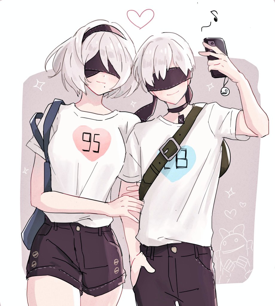 1boy 1girl bag black_hairband black_shorts blindfold blue_heart blush border breasts casual cellphone choker couple cowboy_shot dinikee hairband heart hetero holding_another large_breasts mole mole_under_mouth nier_(series) nier_automata phone pink_heart selfie shirt short_hair short_shorts short_sleeves shorts smartphone smile t-shirt white_border white_hair white_shirt yorha_no._2_type_b yorha_no._9_type_s