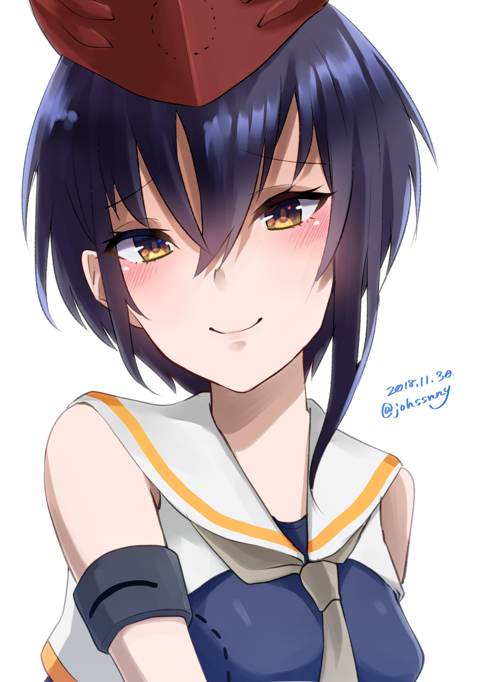 1girl asymmetrical_hair black_hair black_swimsuit blue_swimsuit blush breast_cutout breasts brown_eyes dated framed_breasts hair_between_eyes hat headphones highres i-13_(kancolle) johssnny kantai_collection lips looking_at_viewer one-hour_drawing_challenge sailor_collar school_swimsuit shirt short_hair simple_background small_breasts solo swimsuit swimsuit_under_clothes twitter_username upper_body white_background white_sailor_collar