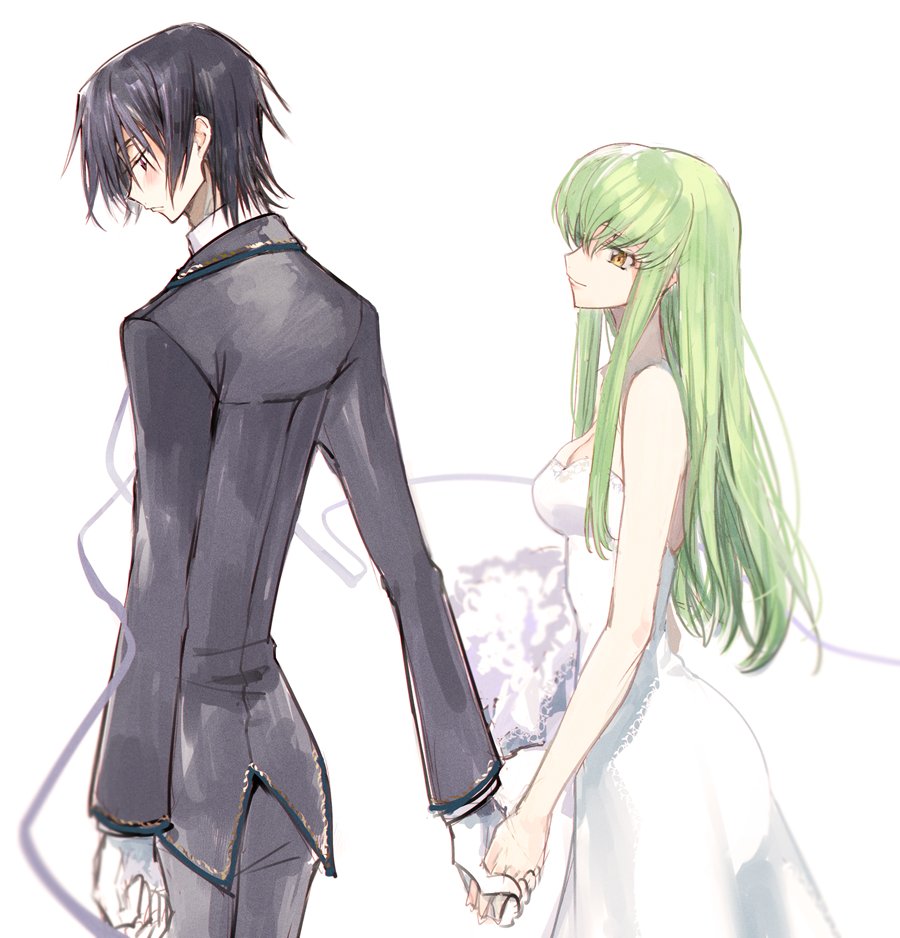 1boy 1girl bangs black_hair black_pants black_suit bouquet c.c. code_geass cowboy_shot creayus dress english_commentary flower formal gloves green_hair holding holding_bouquet holding_hands lelouch_lamperouge long_hair looking_at_another looking_down pants simple_background sleeveless sleeveless_dress smile suit violet_eyes wedding_dress white_background white_dress white_gloves yellow_eyes