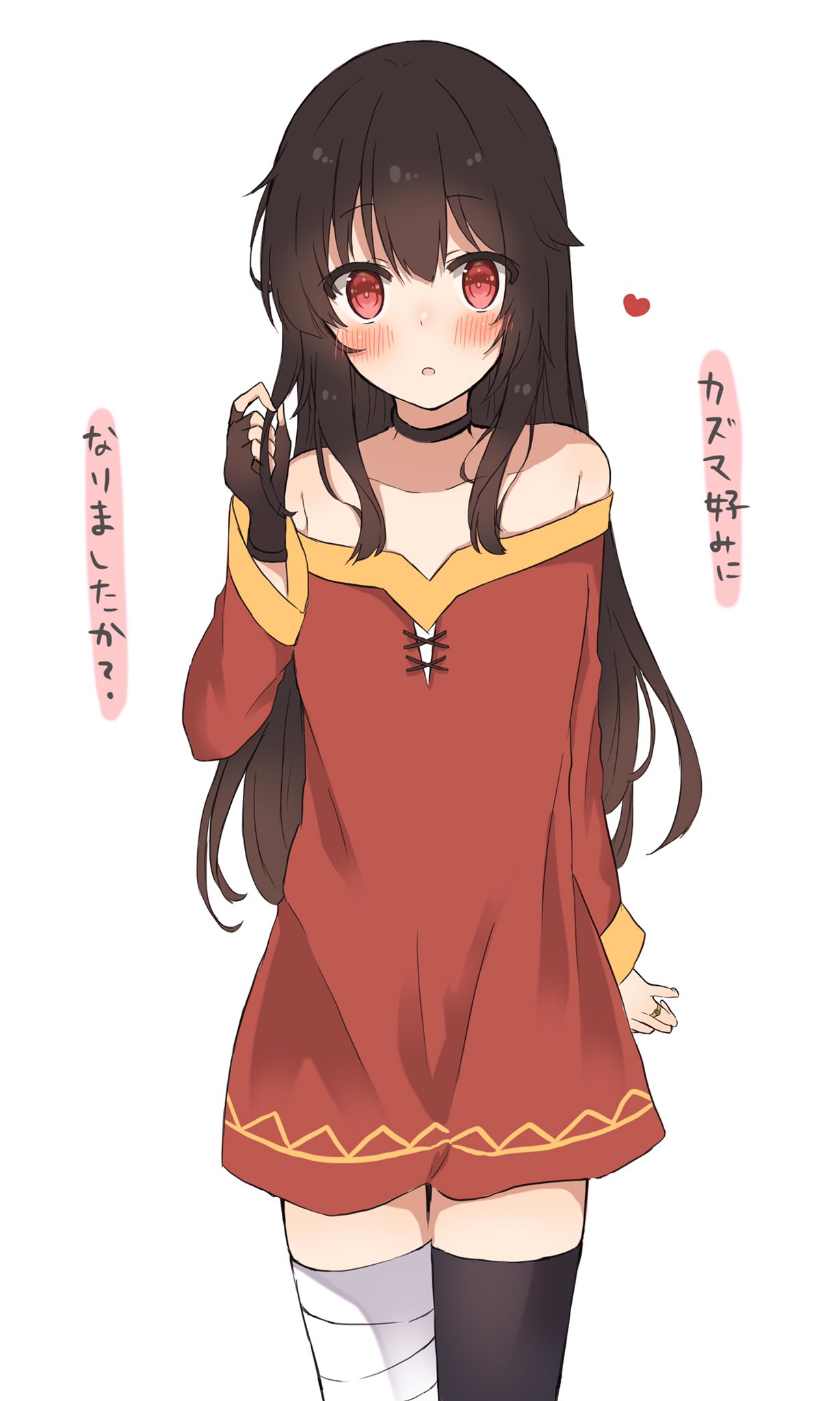 1girl alternate_hair_length alternate_hairstyle asymmetrical_legwear bandaged_leg bandages black_hair black_legwear blush dress eyebrows_visible_through_hair fingerless_gloves gloves heart highres kono_subarashii_sekai_ni_shukufuku_wo! long_hair megumin mismatched_legwear playing_with_own_hair red_eyes single_glove single_thighhigh solo strapless strapless_dress thigh-highs translated white_background yuno_(suke_yuno)