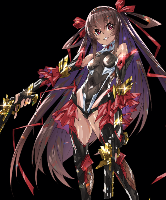 1girl black_background black_gloves boots breasts brown_hair covered_navel dark_skin dark-skinned_female dual_wielding elbow_gloves fingerless_gloves gloves gun hair_between_eyes holding holding_gun holding_weapon leaning_back leotard long_hair mizuki_yukikaze paintedmike parted_lips science_fiction small_breasts smile solo taimanin_(series) taimanin_yukikaze thigh-highs thigh_boots very_long_hair weapon