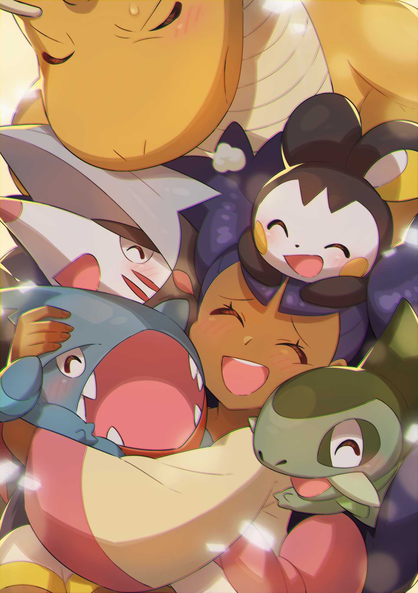 1girl axew bangs blush closed_eyes commentary_request dark_skin dark-skinned_female dragonite emolga excadrill eyelashes gen_1_pokemon gen_4_pokemon gen_5_pokemon gible happy highres holding holding_pokemon long_hair open_mouth pokemon pokemon_(anime) pokemon_(creature) pokemon_bw_(anime) purple_hair raised_eyebrows smile taisa_(lovemokunae) tongue upper_teeth |d