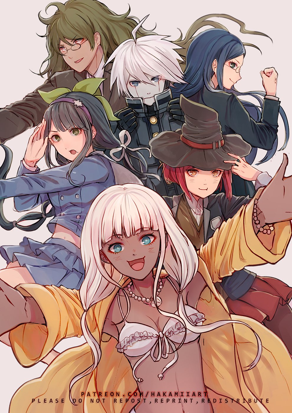 2boys 4girls ahoge android bangs bikini bikini_top black_hair black_headwear blazer blue_eyes blue_hair blunt_bangs blush bob_cut breasts brown_eyes chabashira_tenko collarbone dangan_ronpa_(series) dangan_ronpa_v3:_killing_harmony dark_skin english_commentary frilled_bikini frills ganguro glasses gokuhara_gonta green_hair hair_ornament hairclip hakamii hat highres jacket jewelry keebo long_hair long_sleeves looking_at_viewer low_twintails multiple_boys multiple_girls necklace open_mouth pleated_skirt red_eyes redhead round_eyewear school_uniform shell_necklace shirogane_tsumugi shirt short_hair silver_hair skirt smile swimsuit twintails witch_hat yellow_jacket yonaga_angie yumeno_himiko