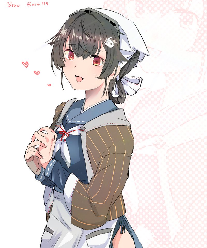 1girl apron bandaid bangs black_hair blue_sailor_collar blush breasts brown_shawl eyebrows_visible_through_hair hair_ornament heart japanese_clothes jingei_(kancolle) kantai_collection kouga_(mutsumi) long_sleeves neckerchief one-hour_drawing_challenge open_mouth red_eyes sailor_collar shawl simple_background solo twitter_username whale_hair_ornament white_apron white_neckwear