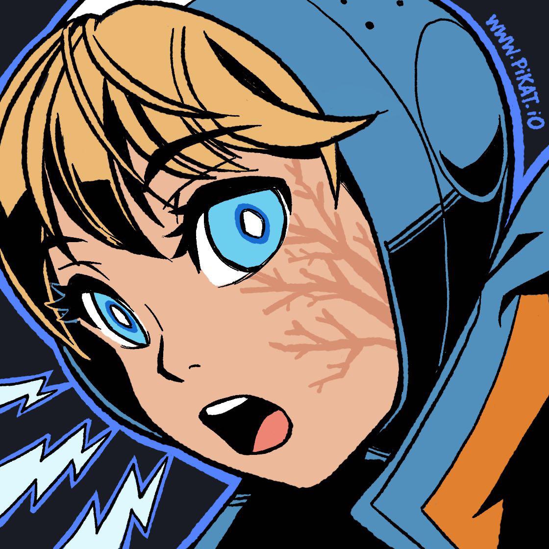 1girl :o apex_legends bangs blue_eyes bright_pupils close-up eyebrows_visible_through_hair hood hooded_jacket jacket lichtenberg_figure looking_at_viewer open_mouth orange_jacket pikat scar scar_on_cheek scar_on_face solo wattson_(apex_legends) white_pupils