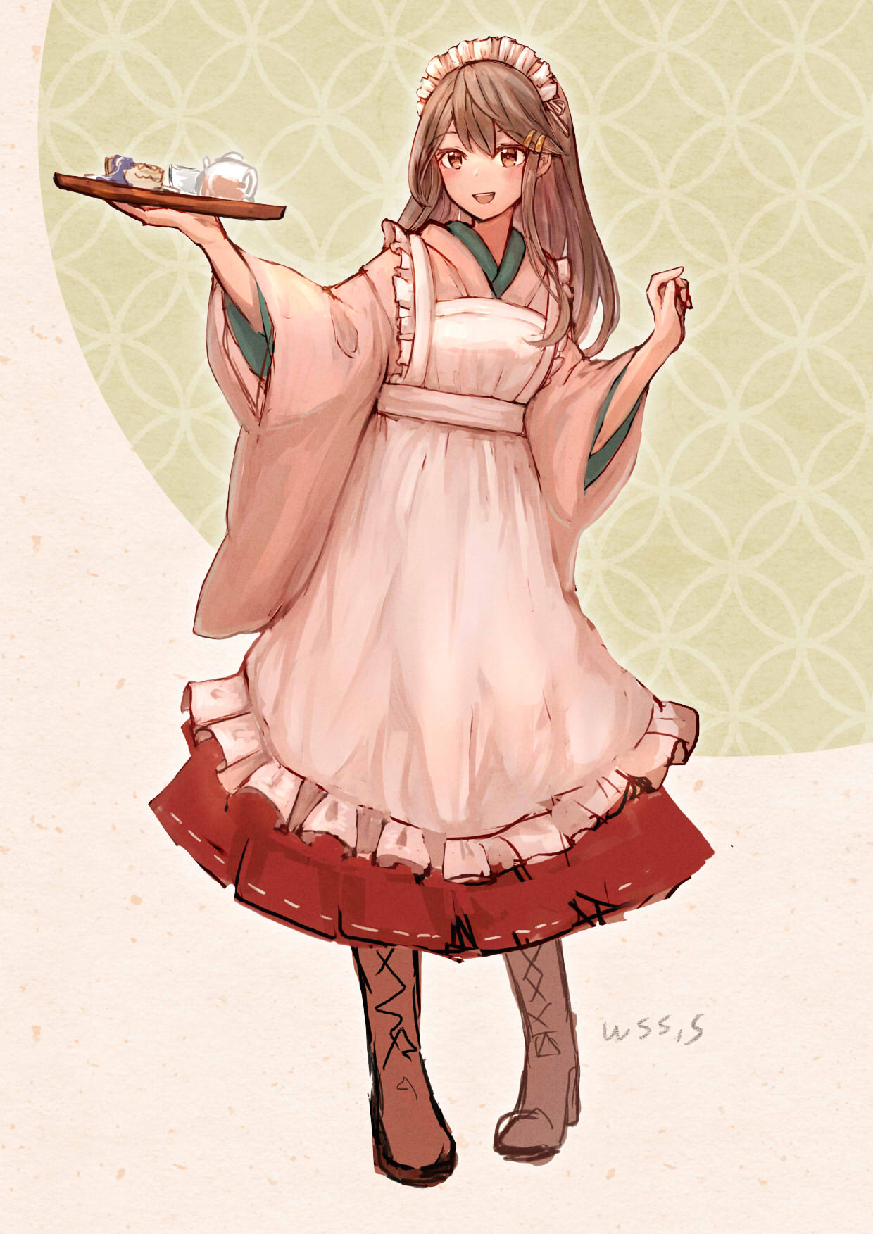 1girl alternate_costume apron artist_name black_hair brown_eyes brown_footwear commentary_request enmaided frilled_apron frills hair_ornament hairclip hakama haruna_(kancolle) highres japanese_clothes kantai_collection kimono long_hair looking_at_viewer maid pink_kimono red_hakama solo tray wa_maid waitress white_apron wss_(nicoseiga19993411)