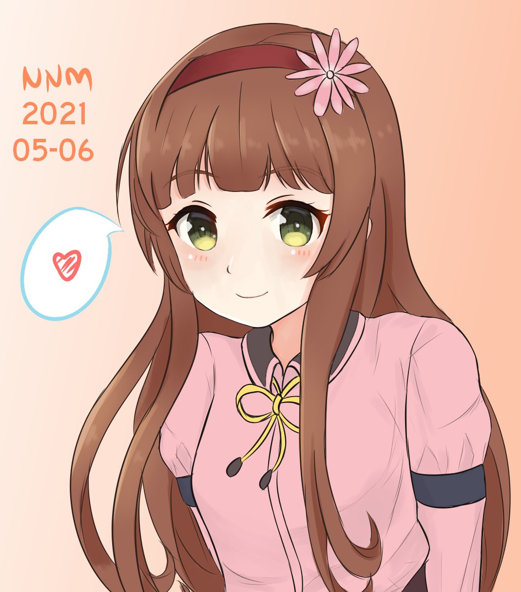 1girl bangs blunt_bangs blush brown_hair dated eyebrows_visible_through_hair flower hair_flower hair_ornament hairband heart helena_(kancolle) highres kantai_collection long_hair long_sleeves neck_ribbon nnm one-hour_drawing_challenge orange_background pink_flower red_hairband ribbon sidelocks signature simple_background smile solo spoken_heart upper_body yellow_eyes yellow_neckwear