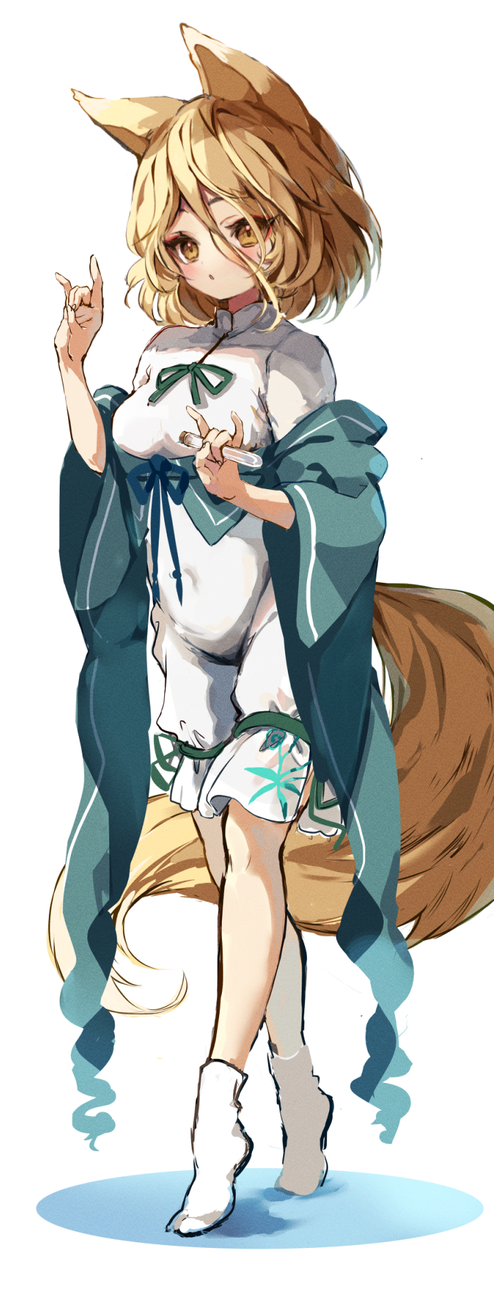 1girl :o animal_ears blonde_hair blush breasts fox_ears fox_shadow_puppet fox_tail full_body green_jacket hair_between_eyes hand_up highres holding_test_tube jacket kudamaki_tsukasa medium_breasts off_shoulder piyokichi romper short_hair simple_background solo tail touhou vial white_background white_jumpsuit yellow_eyes