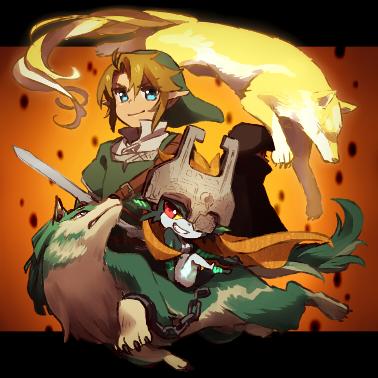 1boy 1girl blonde_hair blue_eyes chain colored_sclera cuffs green_headwear green_shirt grin hat helmet hero's_shade holding holding_sword holding_weapon letterboxed link link_(wolf) looking_at_viewer midna multiple_persona nintendo orange_background orange_hair pointy_ears red_eyes shackles shirt smile sword the_legend_of_zelda the_legend_of_zelda:_twilight_princess ukata weapon yellow_sclera