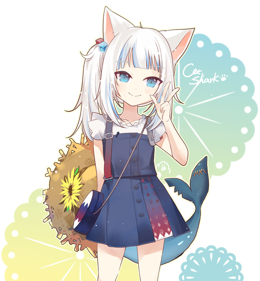 1girl aa2233a animal_ears arm_behind_back bag blue_eyes blue_hair cat_ears dress fish_tail flower gawr_gura hair_bobbles hair_ornament handbag hat hat_flower hat_removed headwear_removed hololive hololive_english looking_at_viewer multicolored_hair pinafore_dress shark_tail simple_background smile solo standing stitches straw_hat sun_hat tail two-tone_hair v virtual_youtuber white_hair
