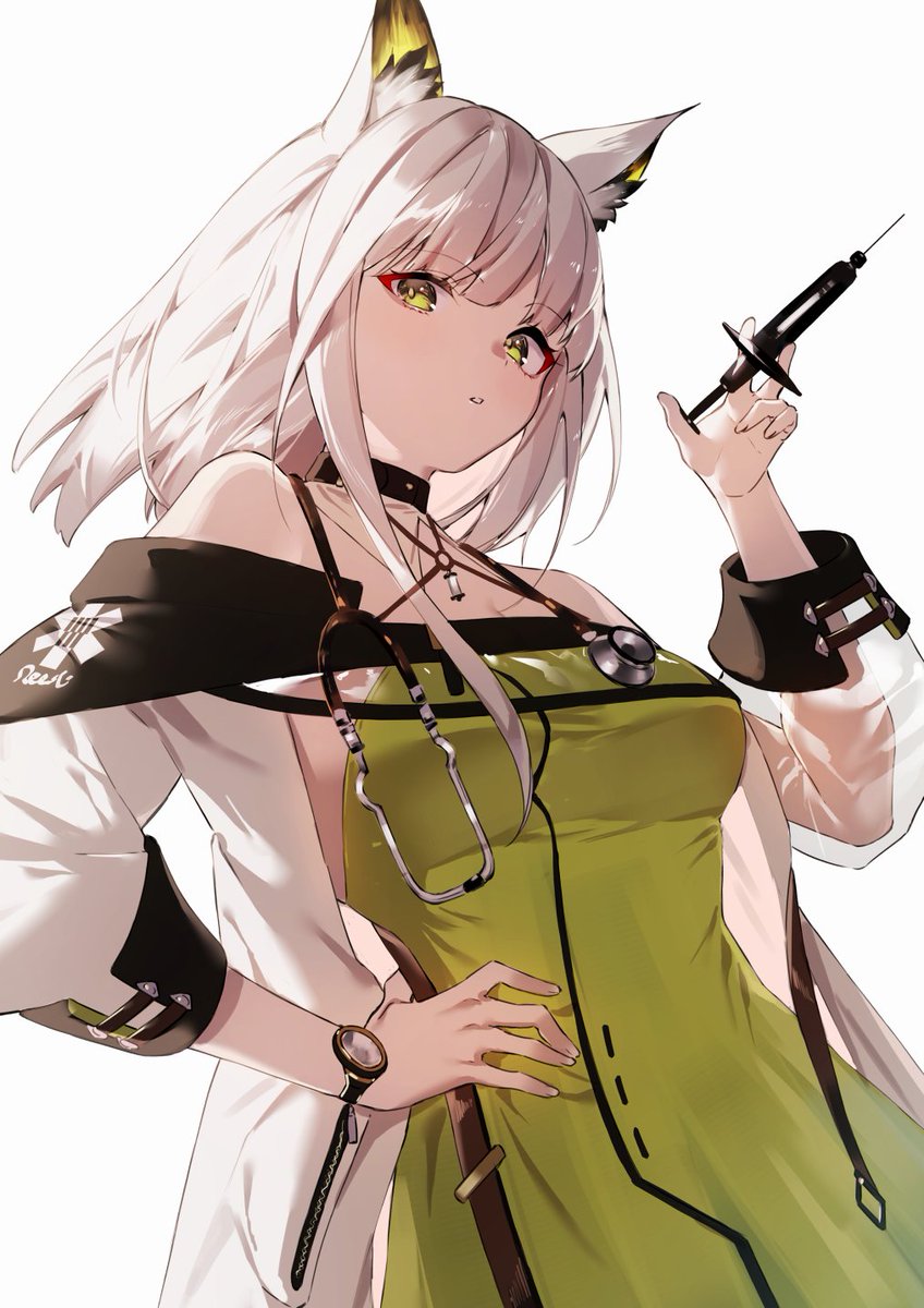 1girl animal_ear_fluff arknights bangs breasts commentary_request dress green_dress green_eyes hand_on_hip hand_up highres holding holding_syringe ichibi kal'tsit_(arknights) labcoat long_hair looking_at_viewer lynx_ears medium_breasts parted_lips see-through_sleeves solo stethoscope syringe upper_body white_background