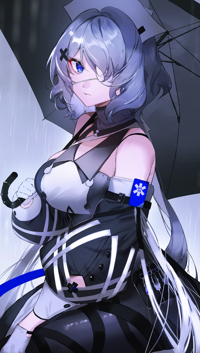 1girl arknights bangs bare_shoulders black_dress blue_eyes breasts commentary_request detached_sleeves dress eyebrows_visible_through_hair eyepatch hair_ornament hair_over_one_eye highres holding holding_umbrella ichibi large_breasts long_sleeves looking_at_viewer puffy_long_sleeves puffy_sleeves short_hair silver_hair solo umbrella whisperain_(arknights) white_background x_hair_ornament