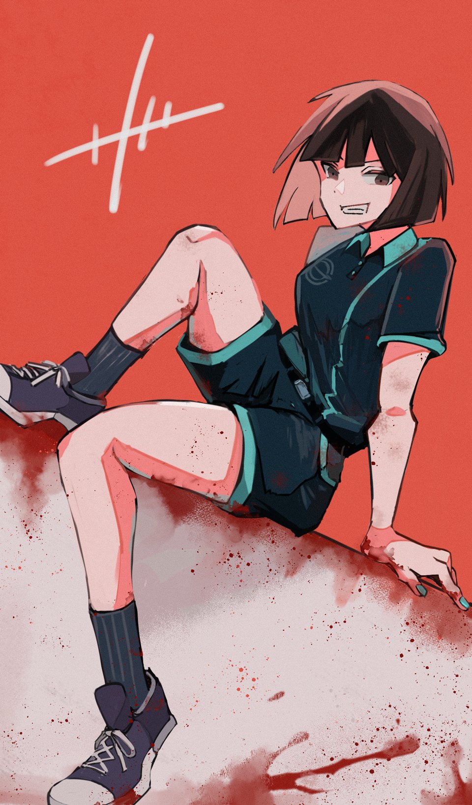 1girl black_footwear blood blue_nails blue_shirt blue_shorts breasts brown_eyes brown_hair dead_by_daylight feng_min highres medium_breasts orange_background polo_shirt shirt shoes short_hair shorts sitting smile sneakers solo stack_(sack_b7)