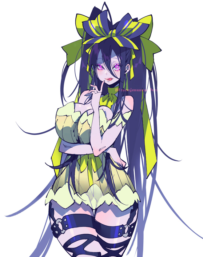 1girl arm_under_breasts artist_name babydoll bangs black_hair bow breast_squeeze breasts garter_straps green_bow hair_between_eyes hair_bow huge_breasts long_hair multicolored_bow original pink_hair sidelocks smjmworks solo thigh-highs tongue twintails very_long_hair watermark yellow_babydoll yellow_neckwear