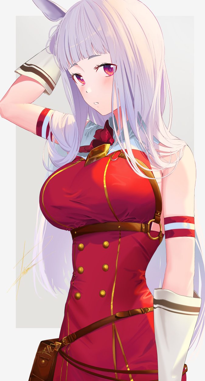 1girl animal_ears arm_at_side arm_behind_head arm_up bangs bare_shoulders belt_pouch blunt_bangs blush breasts commentary_request dress gloves gold_ship_(umamusume) highres horse_ears horse_girl large_breasts long_hair parted_lips poligon_(046) pouch red_dress red_eyes sleeveless sleeveless_dress solo umamusume white_gloves white_hair