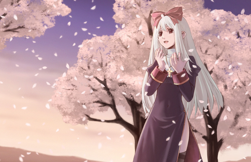 1girl :d bangs black_dress black_legwear bow cherry_blossoms commentary_request cowboy_shot cross cross_necklace dress gradient_sky hair_bow jewelry juliet_sleeves long_hair long_sleeves looking_afar necklace nyaou open_mouth outdoors priest_(ragnarok_online) puffy_sleeves ragnarok_online red_bow sky smile solo thigh-highs tree white_hair