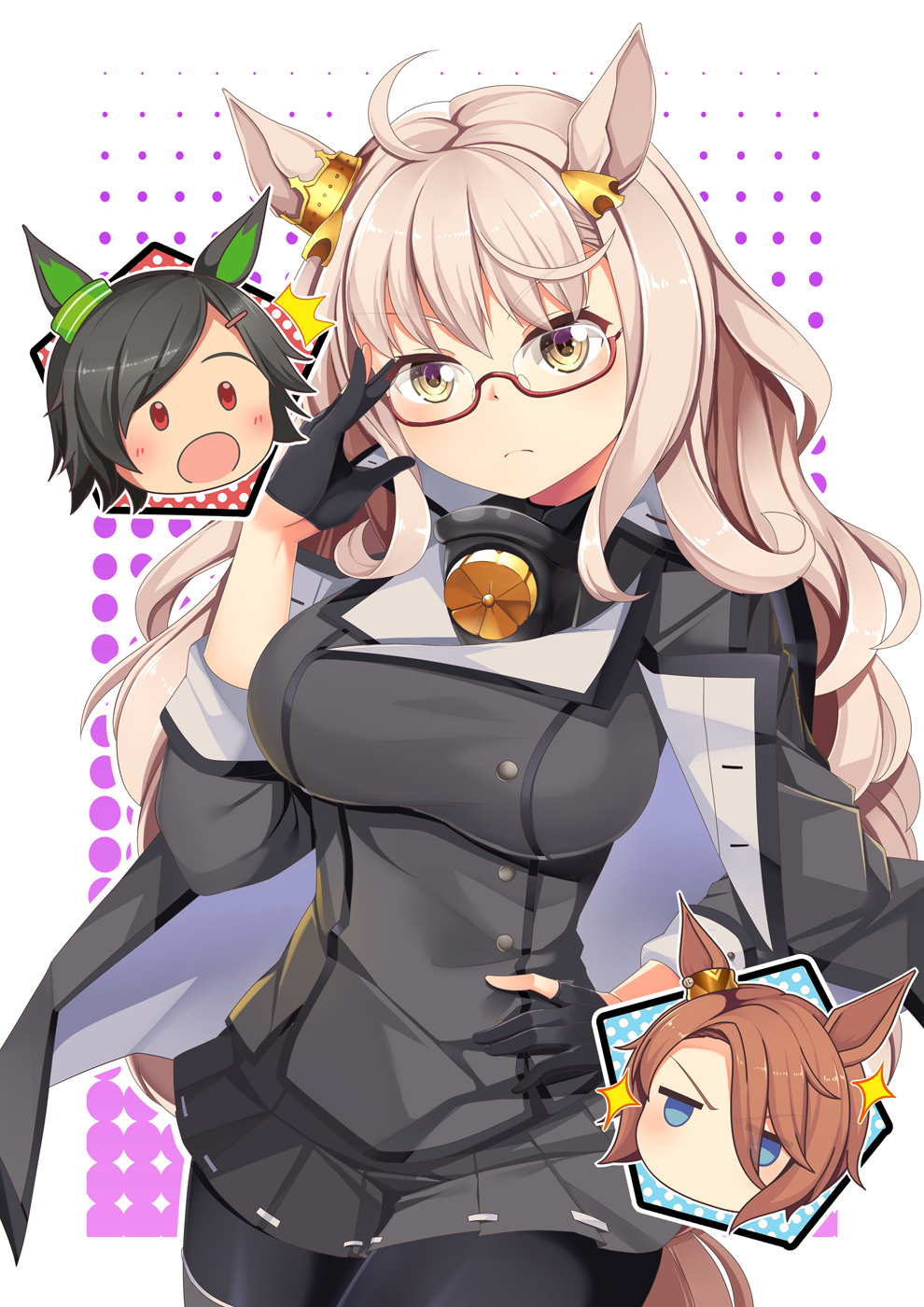 3girls :o ^^^ ahoge animal_ears bangs biwa_hayahide_(umamusume) black_capelet black_gloves black_hair black_jacket black_legwear black_skirt blue_eyes blush breasts brown_eyes brown_hair capelet check_commentary closed_mouth collar commentary_request cosplay cowboy_shot crown ear_ornament ear_ribbon eyebrows_visible_through_hair frown glasses gloves hair_between_eyes hair_ornament hair_over_one_eye hairclip halftone halftone_background highres horse_ears horse_girl horse_tail inset jacket kantai_collection kikumon large_breasts long_hair looking_at_viewer mini_crown miniskirt multiple_girls musashi_(kancolle) musashi_(kancolle)_(cosplay) narita_taishin_(umamusume) no_mouth open_mouth partially_fingerless_gloves purple_background red-framed_eyewear red_eyes remodel_(kantai_collection) semi-rimless_eyewear short_hair sidelocks skirt sparkle standing tail thigh-highs umamusume under-rim_eyewear very_long_hair white_background winning_ticket_(umamusume) yasume_yukito