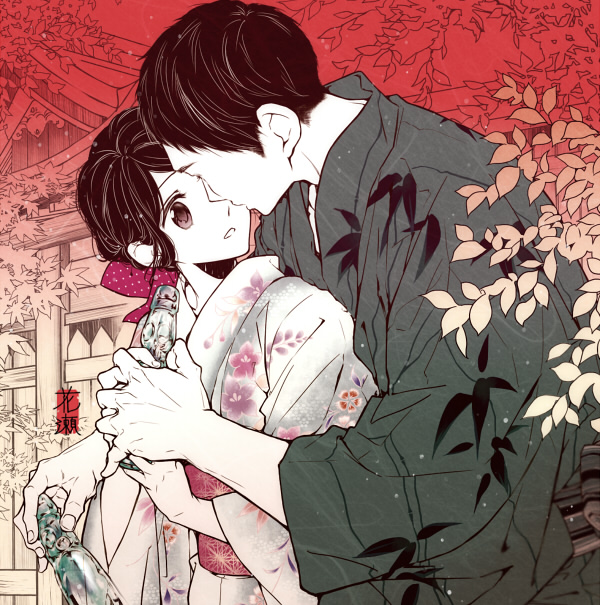 1boy 1girl architecture black_eyes black_hair bow east_asian_architecture eye_contact floral_print hair_bow hanaze hetero japanese_clothes kimono looking_at_another original outdoors ramune standing