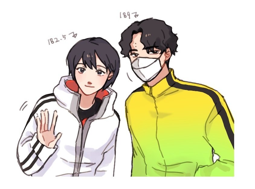 1boy 1girl amanai_kanoka bbbbyu14 black_hair black_shirt bob_cut eyebrows_visible_through_hair haikyuu!! hand_in_pocket height_chart height_difference jacket looking_to_the_side mask mole sakusa_kiyoomi shirt short_hair simple_background smile track_jacket turtleneck_jacket upper_body waving white_background zipper