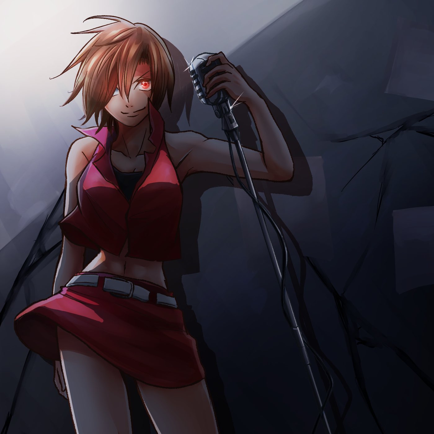 1girl bare_shoulders belt brown_hair collarbone commentary cowboy_shot crop_top d.g glint glowing glowing_eyes hair_over_one_eye highres holding holding_microphone looking_at_viewer meiko microphone microphone_stand midriff miniskirt navel one_eye_covered red_eyes red_shirt red_skirt shirt short_hair sidelighting skirt sleeveless sleeveless_shirt smile solo sparkle standing vocaloid