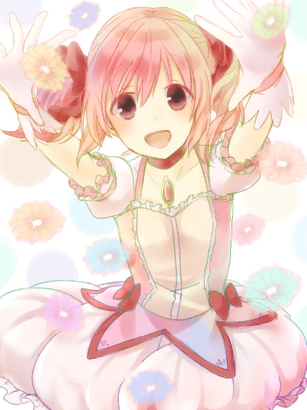 1girl aisawa_natsu aqua_flower arms_up blue_flower bubble_skirt choker collarbone dot_nose flat_chest flower frilled_skirt frilled_sleeves frills gloves green_flower hair_ribbon happy kaname_madoka light_blush looking_at_viewer looking_up mahou_shoujo_madoka_magica open_mouth orange_flower pale_color pink_eyes pink_hair polka_dot polka_dot_background puffy_short_sleeves puffy_sleeves red_choker red_ribbon ribbon short_sleeves short_twintails simple_background skirt solo soul_gem tareme twintails white_background white_gloves