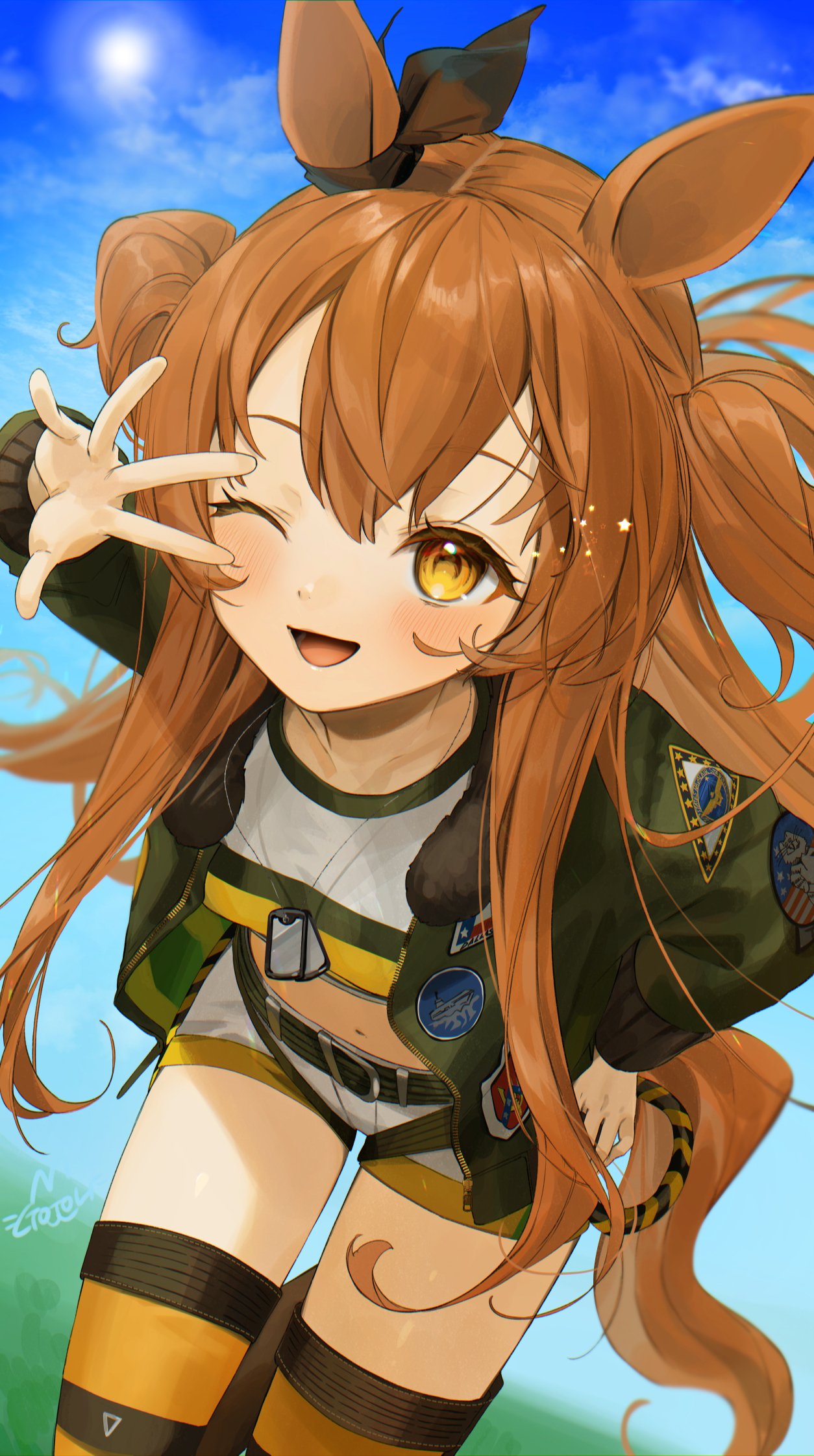 1girl ;d animal_ears blue_sky blush breasts brown_hair clouds cloudy_sky commentary cowboy_shot crop_top day dog_tags eyelashes fur-trimmed_jacket fur_trim gotoh510 green_jacket highres horse_ears horse_girl horse_tail jacket jewelry leaning_forward long_hair looking_at_viewer mayano_top_gun_(umamusume) medium_breasts midriff navel necklace one_eye_closed open_clothes open_jacket open_mouth orange_legwear outdoors shirt short_shorts shorts signature sky smile solo star_(symbol) sun tail thigh-highs thighs twintails two_side_up umamusume unzipped waving white_shirt white_shorts yellow_eyes zettai_ryouiki