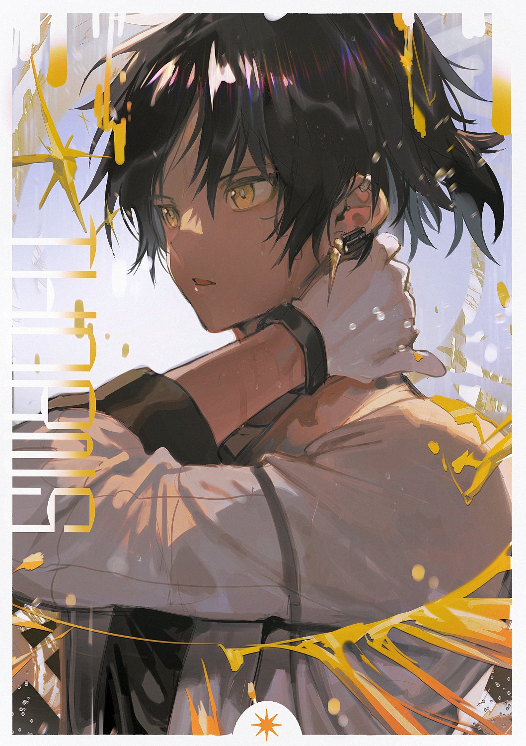 1boy aoki_(fumomo) arknights black_hair black_shirt border character_name dark_skin dark_skinned_male ear_clip ear_piercing gloves grey_border hand_on_own_neck highres jacket jewelry male_focus parted_lips piercing shirt solo thorns_(arknights) white_gloves white_jacket yellow_eyes