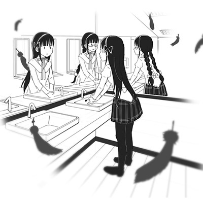 4girls akemi_homura bathroom black_feathers black_hair black_legwear black_skirt black_theme braid capelet closed_mouth different_reflection expressionless facing_away faucet feathers floor glasses hair_ribbon hairband himi_(2051350) indoors juliet_sleeves limited_palette long_hair long_sleeves lowres mahou_shoujo_madoka_magica mirror mitakihara_school_uniform monochrome multiple_girls multiple_persona neck_ribbon no_nose outstretched_arms pantyhose plaid plaid_skirt pleated_skirt puffy_sleeves reflection ribbon school_uniform semi-rimless_eyewear sink skirt solid_oval_eyes symbolism twin_braids under-rim_eyewear ventilation_shaft vignetting wall washing_hands wide-eyed wooden_floor