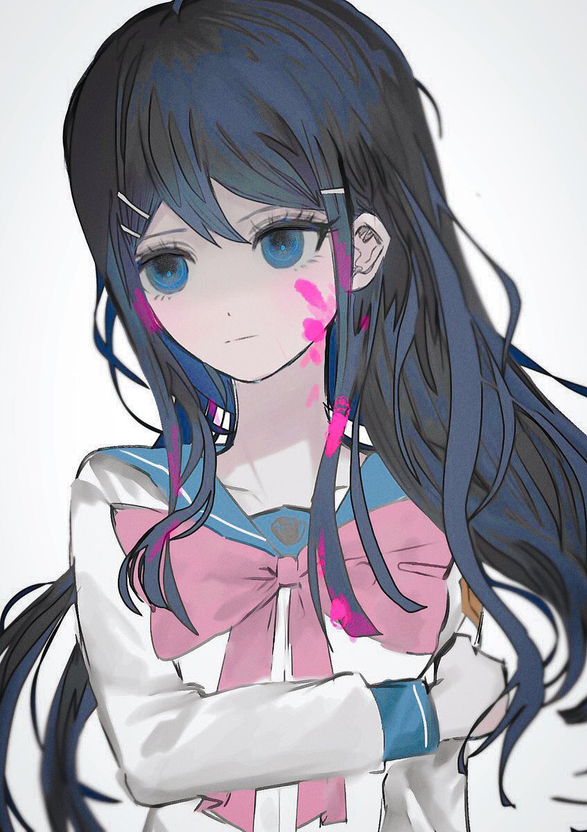 1girl bangs blood blood_on_face blue_eyes blue_hair bow closed_mouth collarbone dangan_ronpa:_trigger_happy_havoc dangan_ronpa_(series) hair_ornament hairclip highres kkonmeo long_hair long_sleeves looking_to_the_side maizono_sayaka pink_blood pink_bow sailor_collar school_uniform serafuku shirt simple_background solo upper_body white_background white_shirt