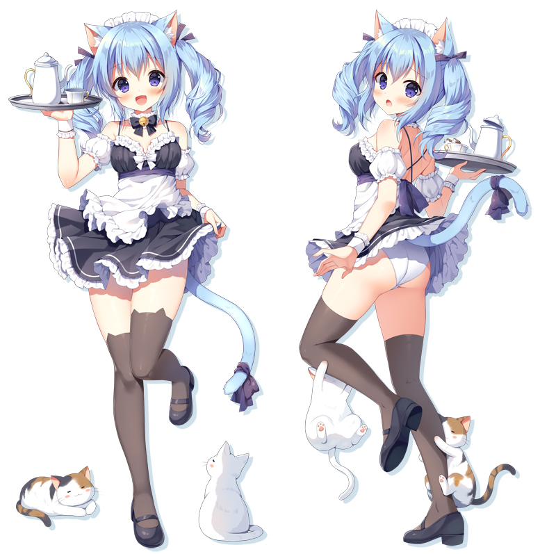 1girl :d :o animal animal_ear_fluff animal_ear_legwear animal_ears apron ass bangs bare_shoulders bell black_bow black_dress black_footwear blue_hair blush bow brown_legwear cat cat_ear_legwear cat_ears cat_girl cat_tail closed_mouth commentary_request cup detached_sleeves dress eyebrows_visible_through_hair frilled_apron frilled_dress frills from_behind hair_between_eyes hand_up holding holding_tray jingle_bell looking_at_viewer looking_back maid maid_headdress mauve multiple_views open_mouth original panties parted_lips puffy_short_sleeves puffy_sleeves purple_bow shoe_soles shoes short_sleeves sleeveless sleeveless_dress smile standing standing_on_one_leg tail tail_bow tail_ornament teacup teapot thigh-highs tray twintails underwear violet_eyes waist_apron wavy_mouth white_apron white_cat white_panties white_sleeves