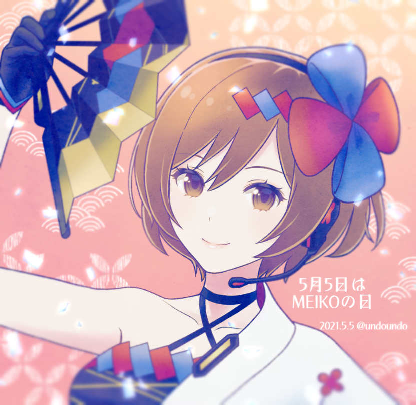1girl asami_(undoundo) bare_shoulders black_gloves bow brown_eyes brown_hair collarbone commentary criss-cross_halter dated dress fan folding_fan gloves hair_bow halterneck hand_up headphones headset holding holding_fan japanese_clothes kimono lips looking_at_viewer magical_mirai_(vocaloid) meiko portrait seigaiha shippou_(pattern) short_hair sleeveless sleeveless_dress smile solo twitter_username vocaloid white_kimono