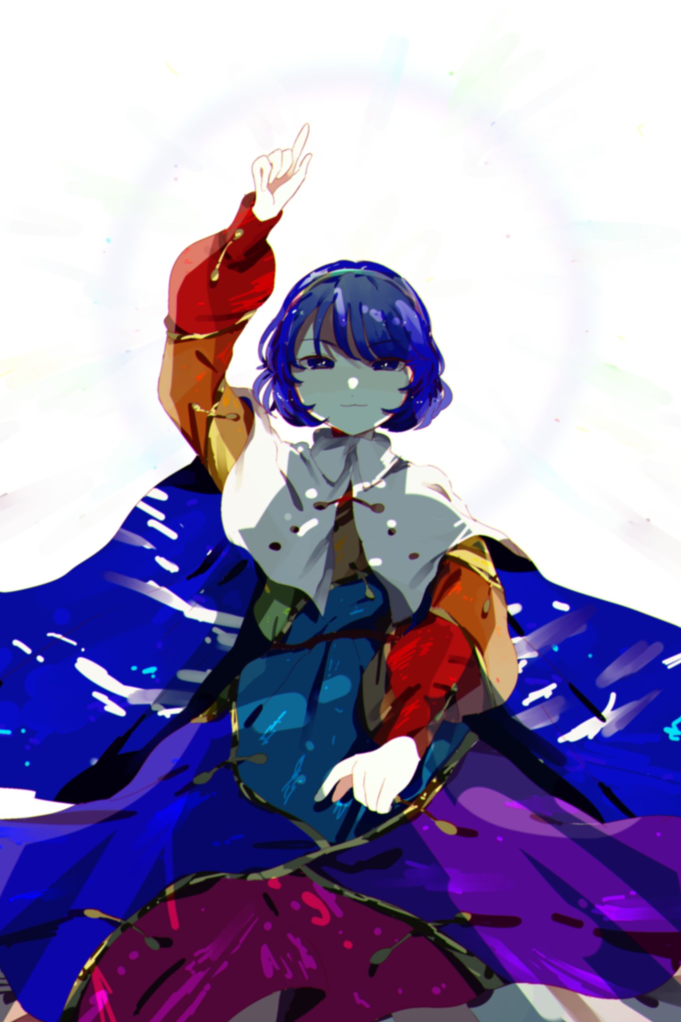 1girl artist_request bangs blue_eyes cape dress halo highres looking_at_viewer multicolored multicolored_clothes multicolored_dress multicolored_hairband pointing pointing_down pointing_up rainbow_gradient red_button short_hair simple_background solo tenkyuu_chimata touhou two-sided_cape two-sided_fabric white_background white_cape