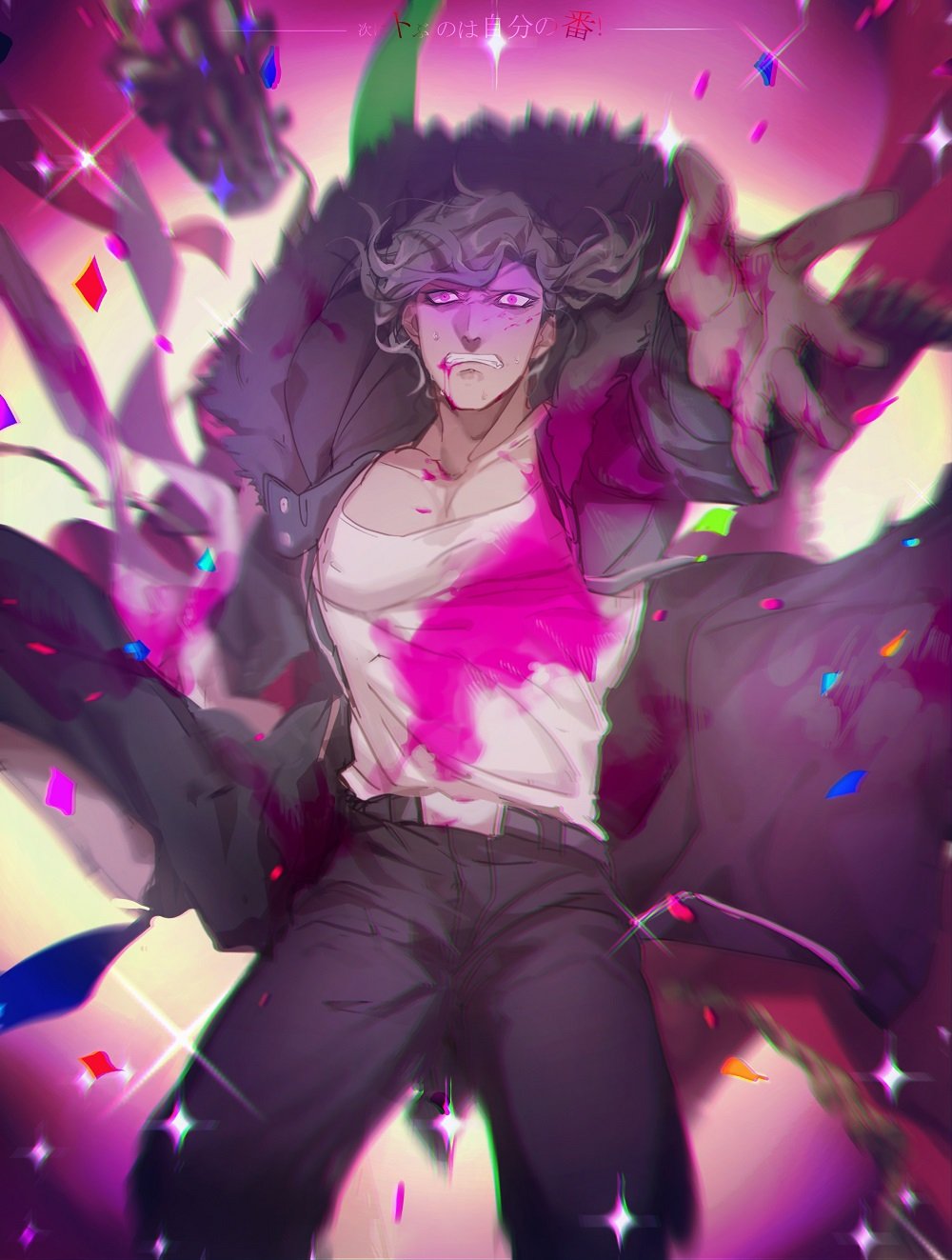 1boy arm_up bangs belt blood blood_from_mouth bloody_clothes bloody_hands blurry blurry_background brown_coat brown_hair brown_pants clenched_teeth coat collarbone dangan_ronpa_(series) dangan_ronpa_3_(anime) depth_of_field diffraction_spikes floating_clothes floating_hair fur_trim highres long_sleeves looking_at_viewer looking_up male_focus no-kan pants pectorals petals pink_background pink_blood pink_eyes sakakura_juuzou shirt short_hair solo sparkle teeth translation_request white_background white_shirt