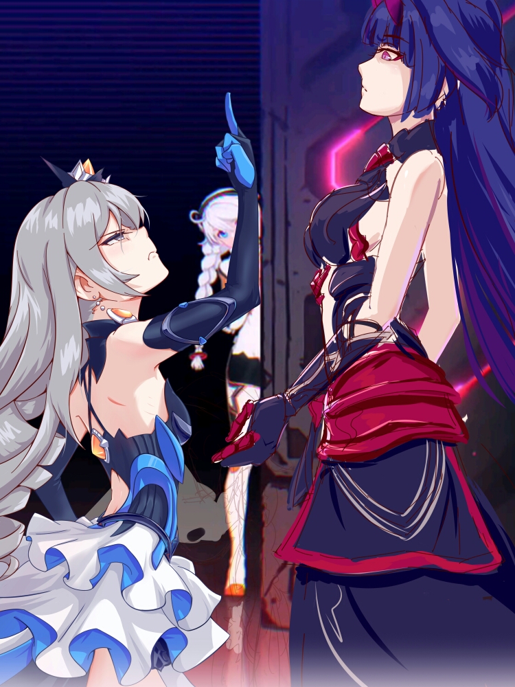 3girls ahoge angry artist_request blue_eyes braid bronya_zaychik bronya_zaychik_(herrscher_of_reason) chinese_commentary commentary_request dress drill_hair earrings elbow_gloves eye_contact gloves grey_eyes grey_hair hair_ornament height_difference honkai_(series) honkai_impact_3rd horns jewelry kiana_kaslana kiana_kaslana_(white_comet) layered_dress long_hair looking_at_another middle_finger multiple_girls oni_horns peeking_out purple_hair raiden_mei raiden_mei_(herrscher_of_thunder) red_horns red_pupils reflection sidelocks very_long_hair violet_eyes white_hair