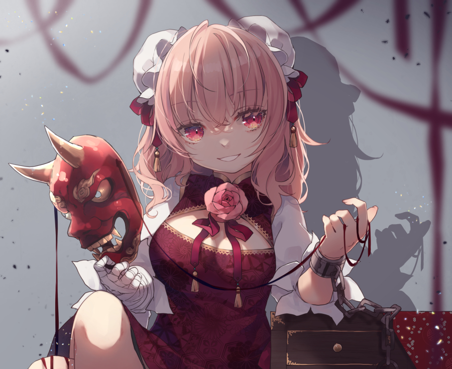 1girl :d bandaged_arm bandages bangs blurry blurry_foreground bun_cover chinese_clothes cuffs double_bun eyebrows_visible_through_hair flower grey_background holding holding_mask ibaraki_kasen looking_at_viewer mask medium_hair oni_mask open_mouth pink_eyes pink_flower pink_hair pink_rose rose shackles shadow short_sleeves simple_background sitting smile solo touhou toutenkou upper_body