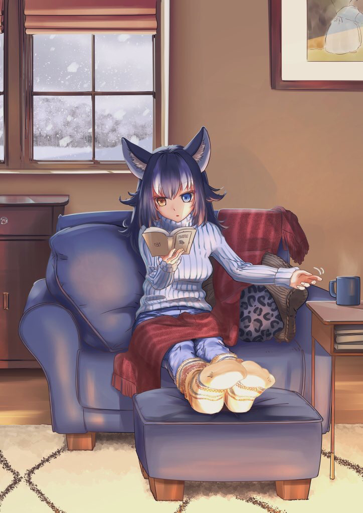 1girl 910m27r animal_ears bangs black_hair blanket blue_eyes book casual chair contemporary cup day denim easy_chair full_body grey_wolf_(kemono_friends) hand_up heterochromia holding holding_book indoors jeans kemono_friends long_hair long_sleeves looking_at_object multicolored_hair open_book outstretched_legs pants parted_lips pillow reaching reading sitting snow snowing socks solo steam sweater two-tone_hair white_hair window wolf_ears yellow_eyes