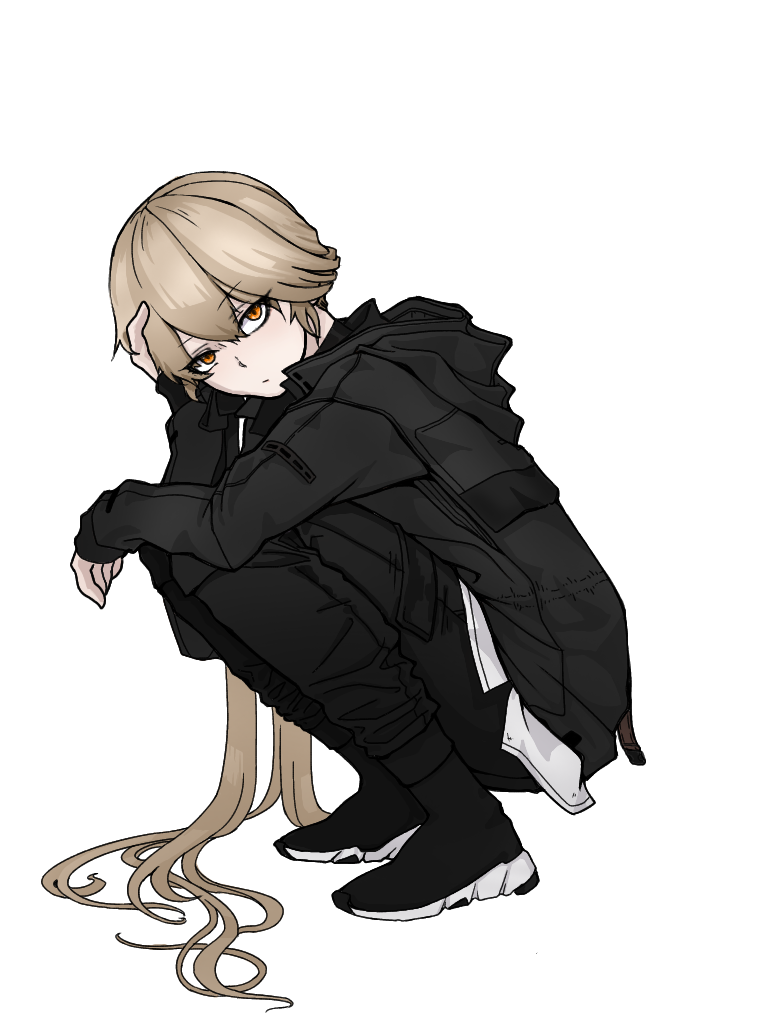 1girl alpello1901 black_footwear black_jacket black_pants black_shirt blonde_hair closed_mouth eyebrows_visible_through_hair girls_frontline hand_on_head jacket long_hair looking_at_viewer orange_eyes ots-14_(girls_frontline) pants shirt sitting solo white_background