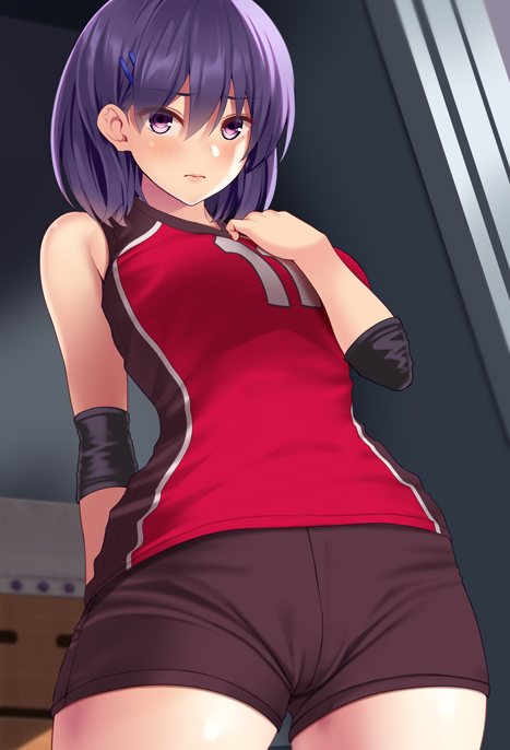 1girl bangs bare_shoulders blush breasts brown_shorts closed_mouth elbow_sleeve eyebrows_visible_through_hair from_below hair_between_eyes hand_on_own_chest huyumitsu looking_at_viewer looking_down medium_breasts original purple_hair red_shirt shirt short_hair shorts solo violet_eyes