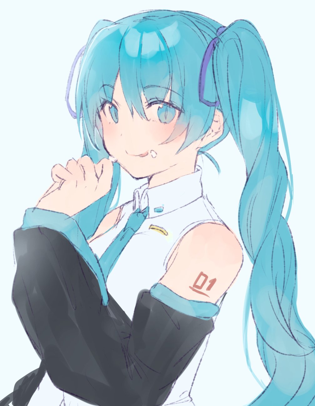 1girl bangs bare_shoulders black_sleeves blue_background blue_eyes blue_hair blue_neckwear blush collared_shirt commentary detached_sleeves eyebrows_visible_through_hair food food_on_face hair_between_eyes hand_up hatsune_miku heremia highres licking_lips long_hair long_sleeves necktie shirt simple_background sleeveless sleeveless_shirt solo tongue tongue_out twintails upper_body very_long_hair vocaloid white_background white_shirt wide_sleeves