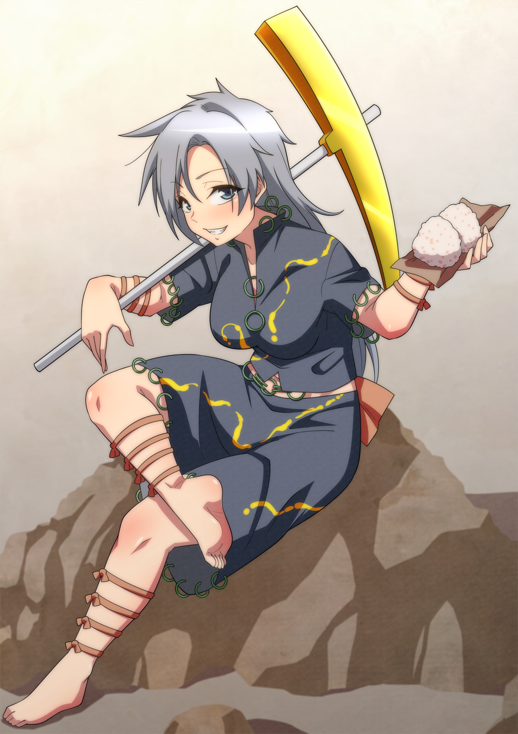 1girl barefoot blue_eyes blue_shirt blue_skirt blush breasts commentary_request food full_body grey_background grin hand_up highres himemushi_momoyo holding holding_food holding_pickaxe jeno jewelry large_breasts looking_at_viewer ring shirt silver_hair simple_background sitting skirt smile solo toes touhou