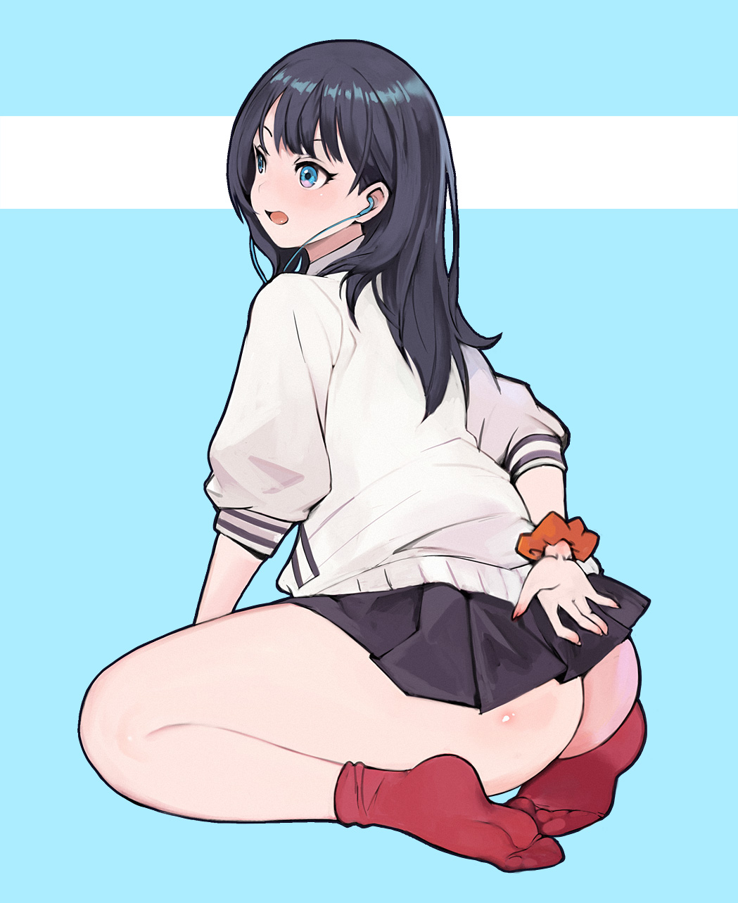 arms_behind_back ass black_hair blue_eyes bobobong cardigan commentary covering earphones highres long_hair miniskirt no_shoes orange_scrunchie red_legwear scrunchie short_hair skirt soles ssss.gridman takarada_rikka thick_thighs thighs