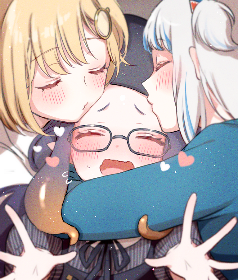 3girls blonde_hair blush closed_eyes commentary_request embarrassed fang forehead_kiss gawr_gura girl_sandwich glasses hair_ornament hololive hololive_english hug kiss mamaloni monocle_hair_ornament multicolored_hair multiple_girls ninomae_ina'nis official_alternate_costume open_mouth purple_hair sandwiched streaked_hair tentacle_hair virtual_youtuber watson_amelia white_hair