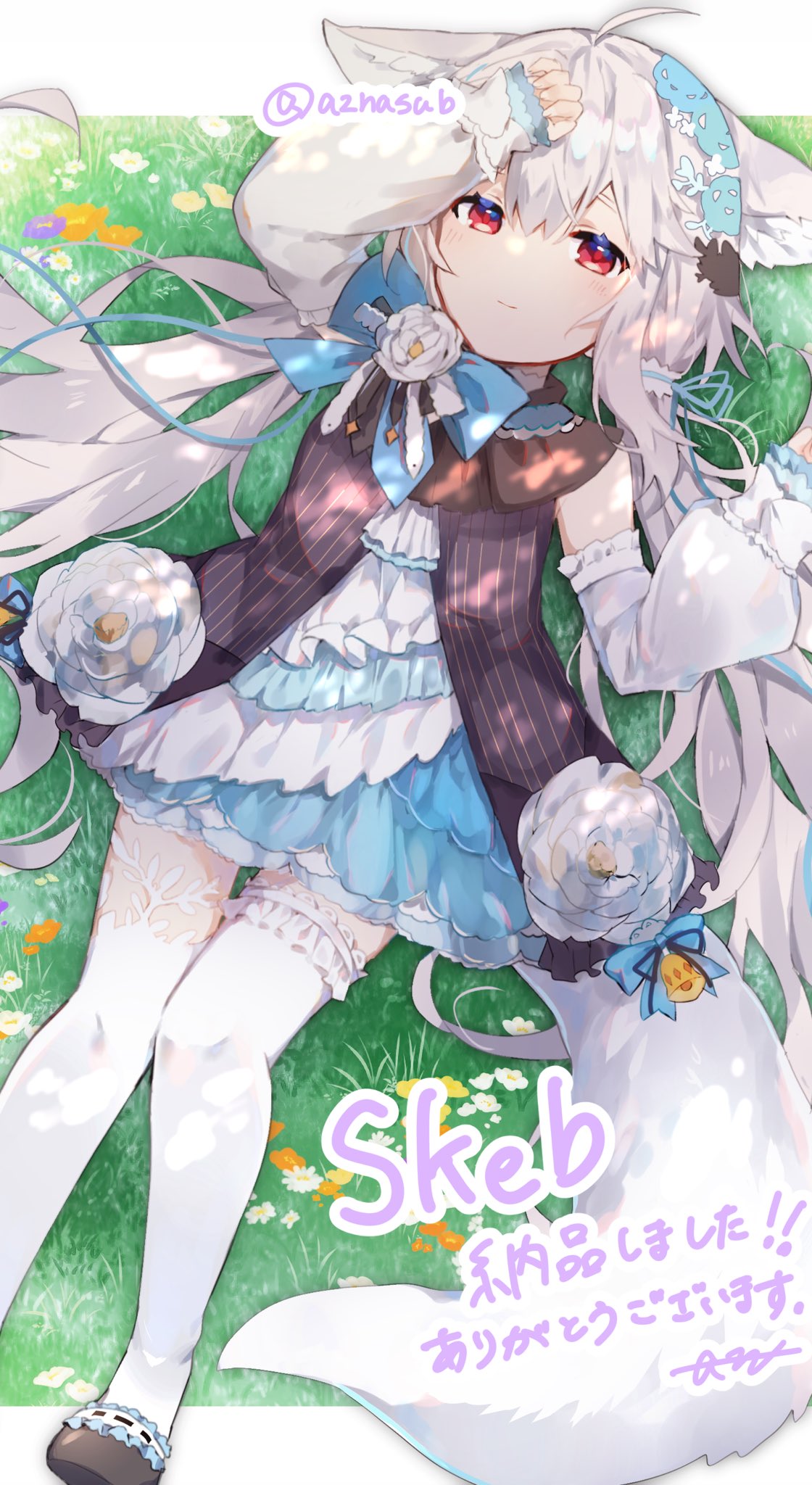 1girl animal_ear_fluff animal_ears azna commission detached_sleeves dress ears_down fox_ears fox_girl fox_tail highres layered_dress light_smile long_hair original red_eyes sakurada_shiro silver_hair skeb_commission sleeves_past_wrists tail thigh-highs very_long_hair white_legwear zettai_ryouiki