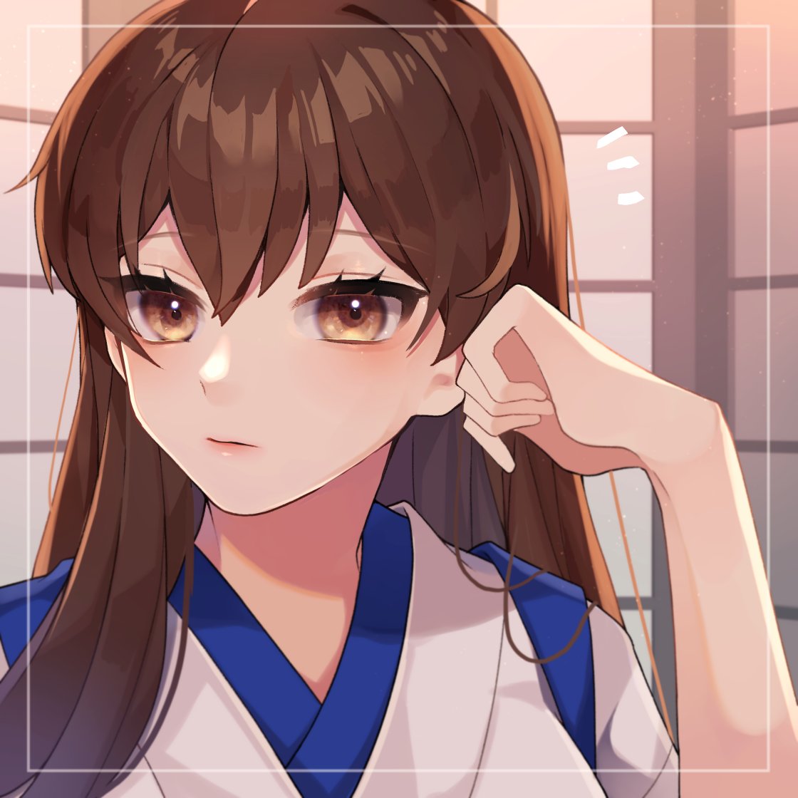 1girl alternate_hairstyle brown_eyes brown_hair close-up commentary_request hair_down japanese_clothes kaga_(kancolle) kantai_collection kozu_(bloomme1_me) lips long_hair looking_at_viewer solo tasuki upper_body