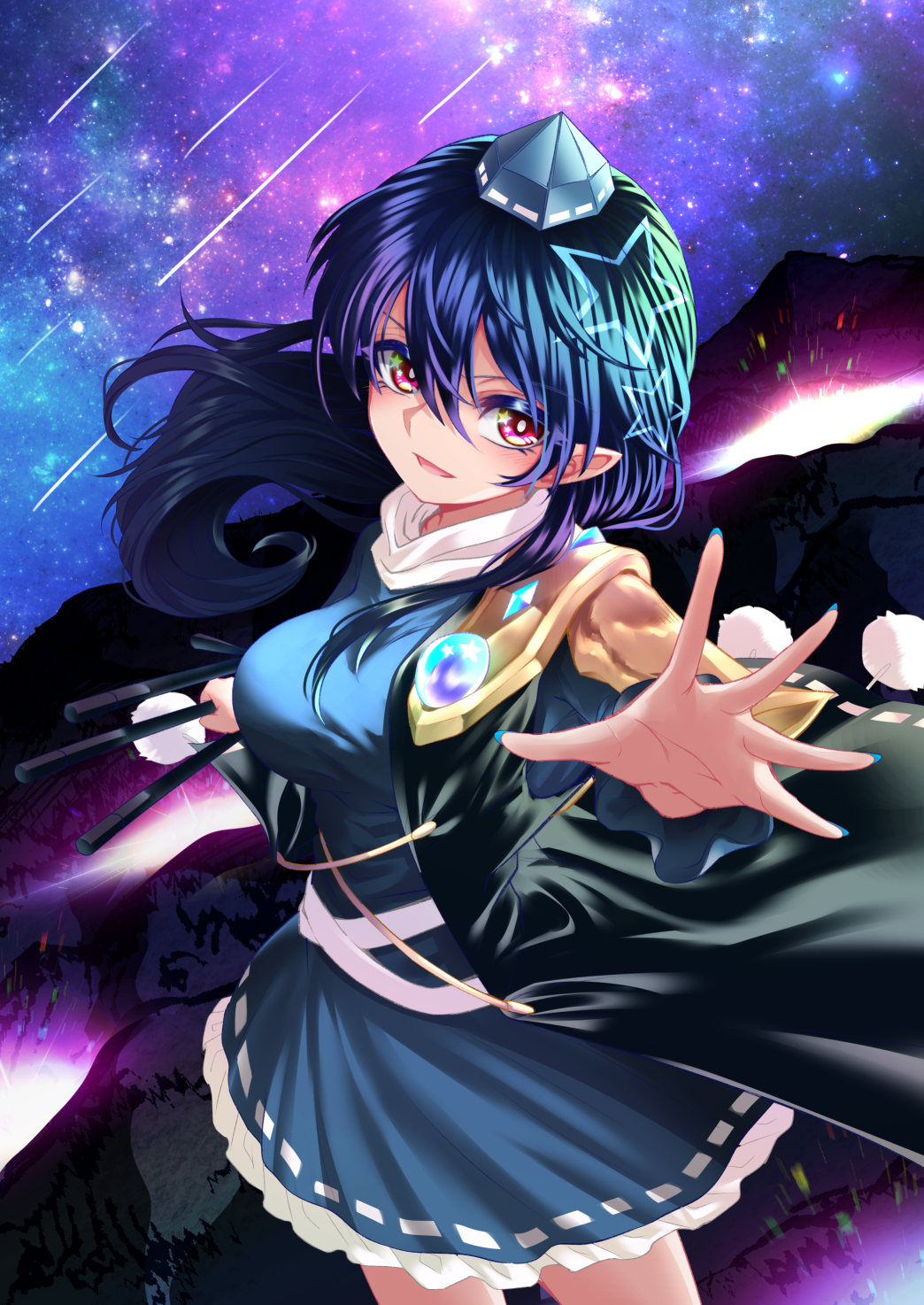 1girl :d bangs blue_dress blue_hair dress frilled_dress frills hat highres iizunamaru_megumu long_hair looking_at_viewer night night_sky nomayo open_mouth pointy_ears pom_poms red_eyes ribbon_trim scenery shooting_star sky smile solo star_(sky) starry_sky symbol-shaped_pupils tokin_hat touhou tripod