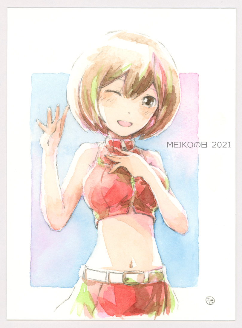 1girl belt brown_eyes brown_hair character_name commentary crop_top epoxy_putty hand_on_own_chest hand_up jacket looking_at_viewer meiko midriff navel one_eye_closed open_mouth red_jacket red_skirt sakine_meiko skirt smile solo stomach traditional_media upper_body vocaloid watercolor_(medium) waving