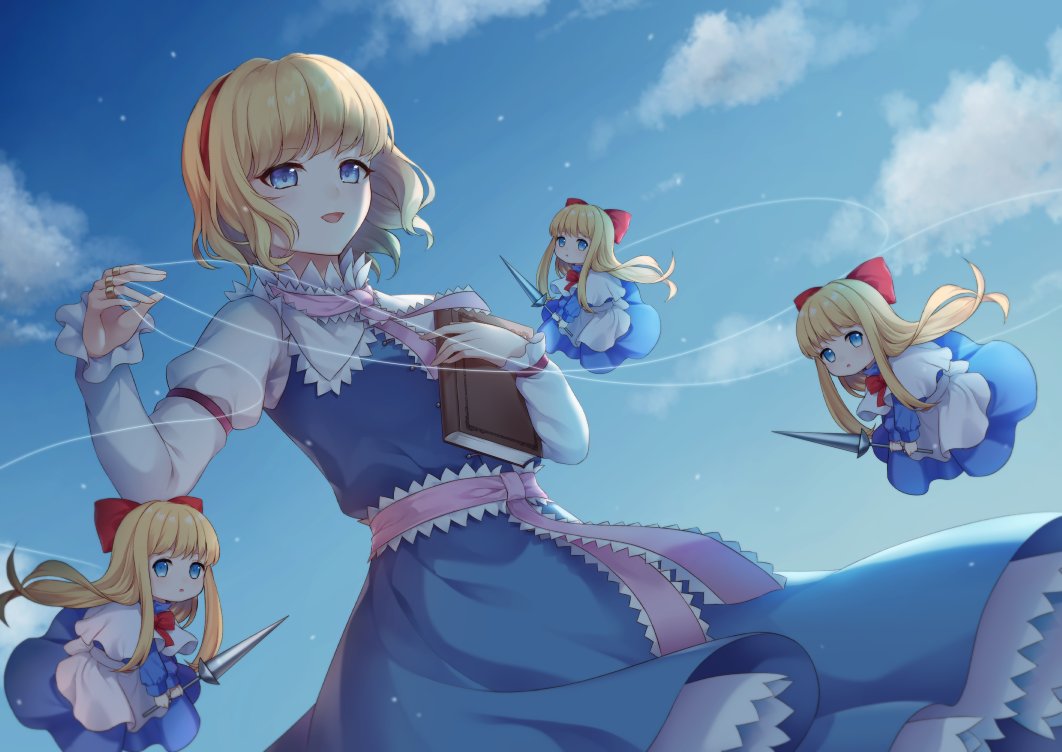 1girl alice_margatroid apron ascot blonde_hair blue_dress blue_eyes book bow capelet doll dress frilled_ascot frills grimoire grimoire_of_alice hair_bow hairband lance lolita_hairband multiple_girls polearm puffy_short_sleeves puffy_sleeves puppet_strings red_hairband red_neckwear rin_falcon shanghai_doll short_hair short_sleeves touhou waist_apron weapon white_capelet